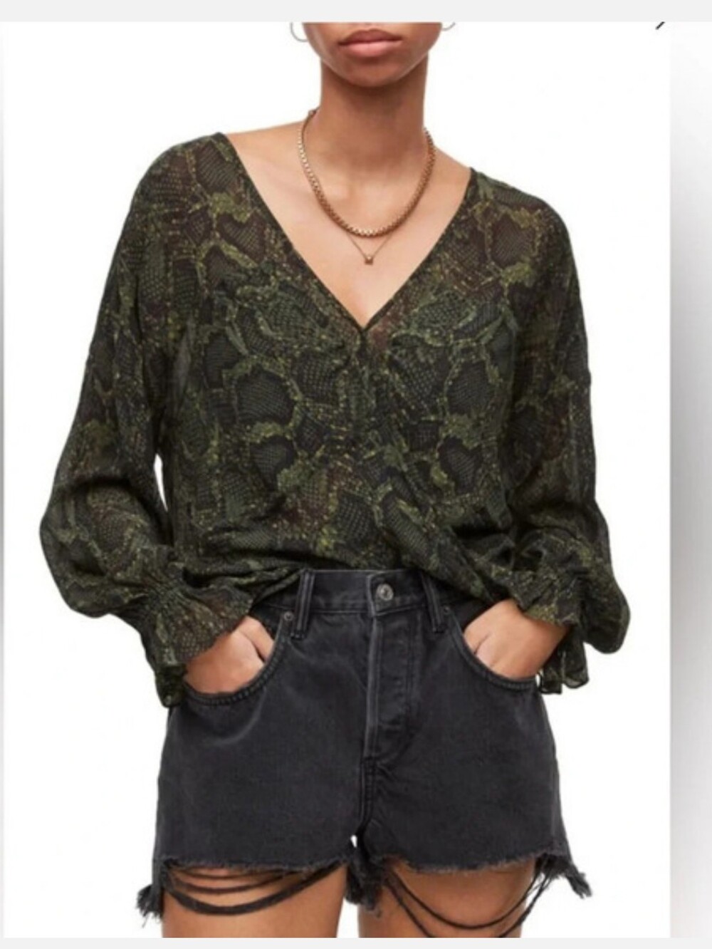 Allsaints Green Snakeskin Print Penny Tamora Surplice Top  199.00